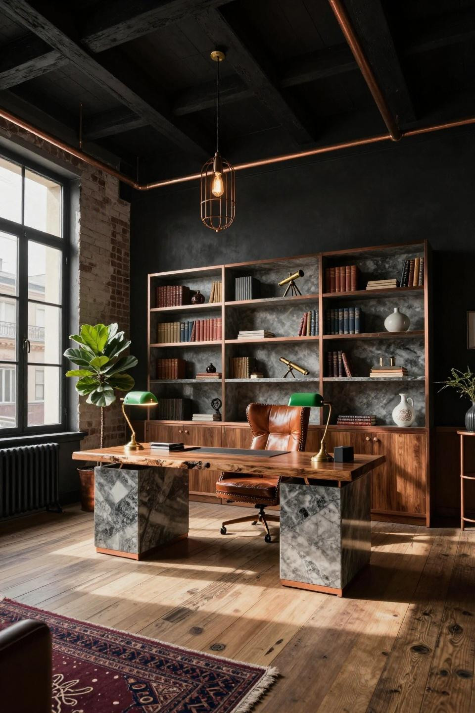 Office room inspiration in Parisian Haussmann apartment with industrial elements