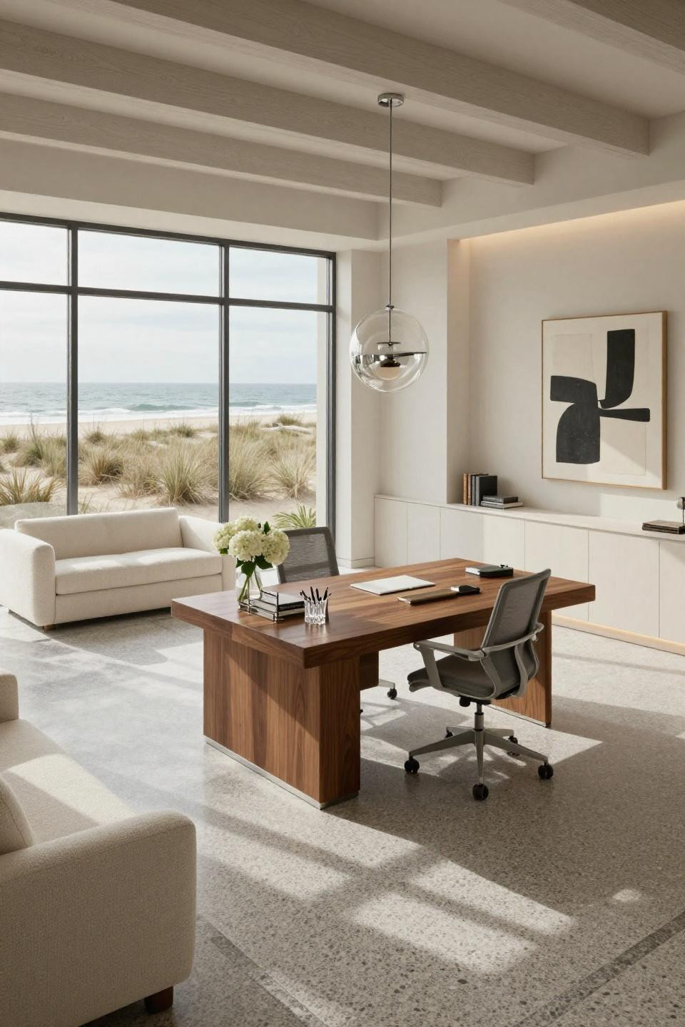Home study rooms featuring terrazzo flooring and ocean views