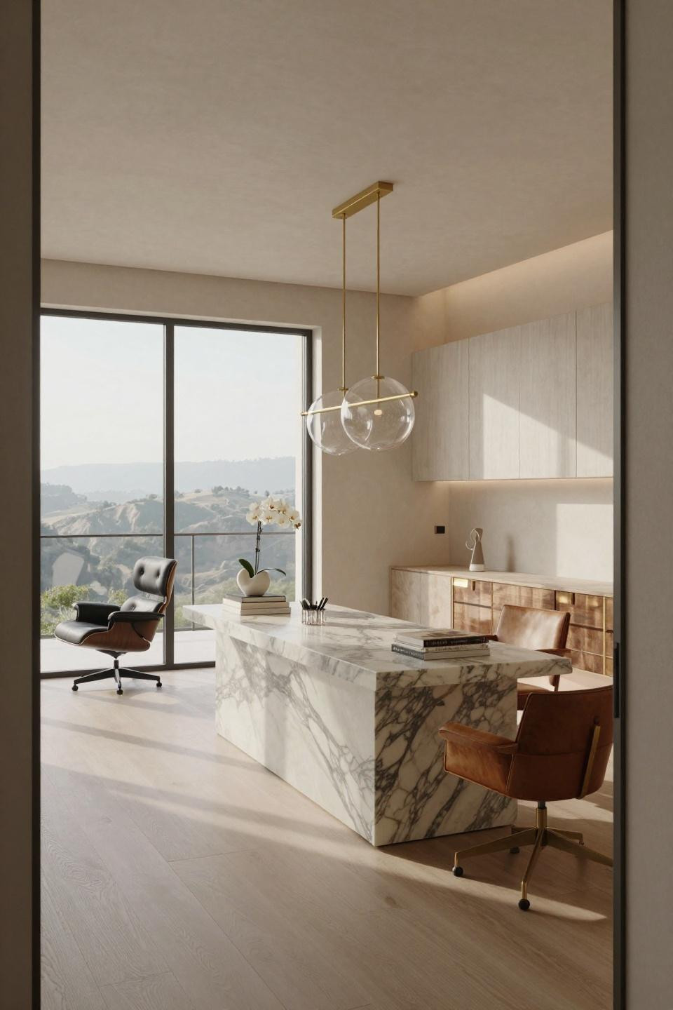 Office in house with museum-quality minimalist design and Calacatta marble desk