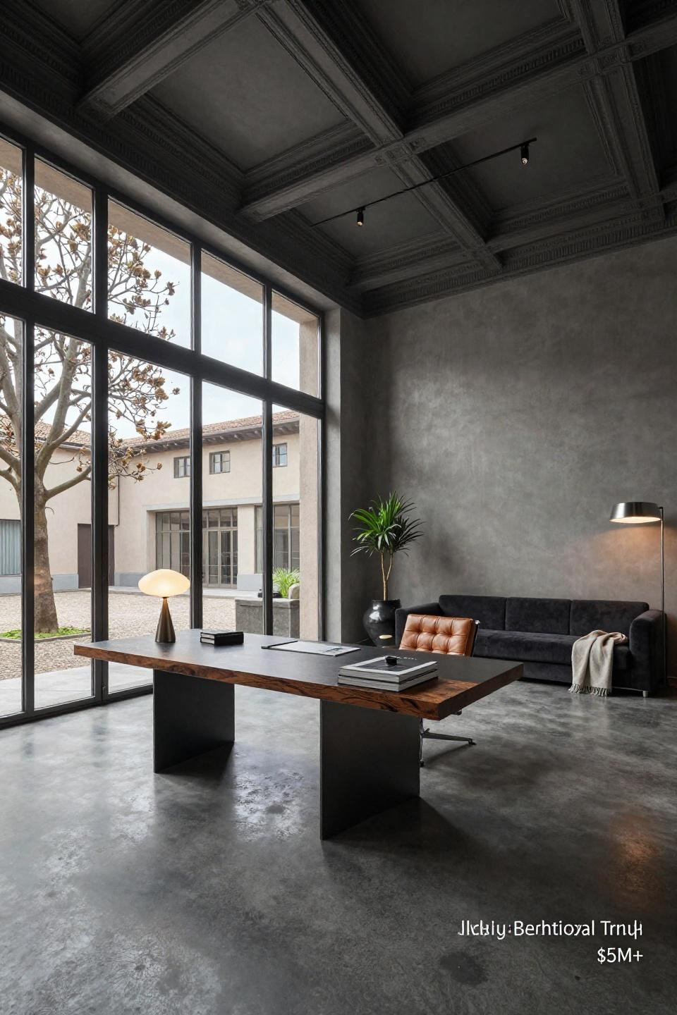 Home office aesthetic in Milan palazzo with blackened steel and walnut burl desk