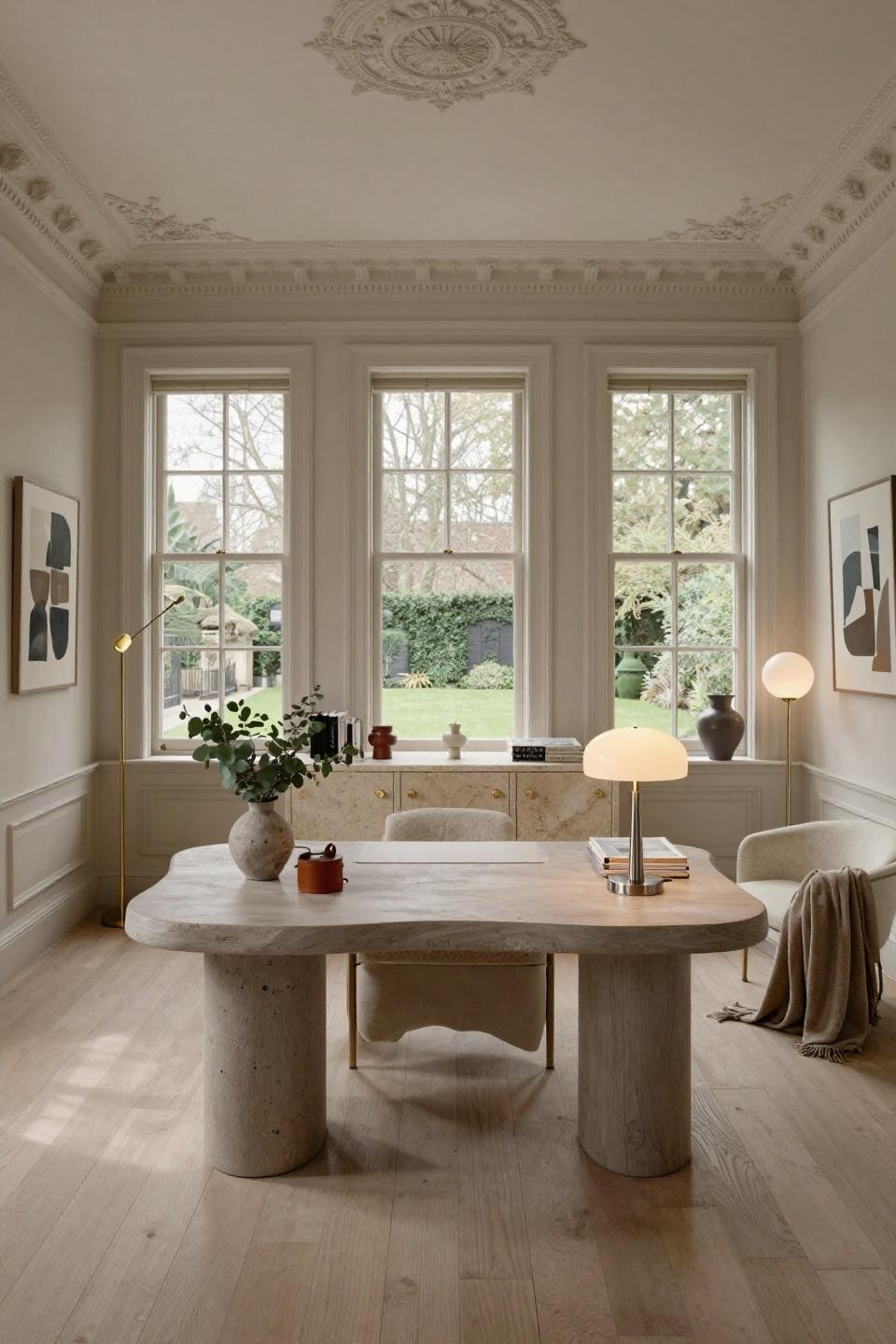 Home office aesthetic in London Kensington with hand-carved pale ash desk