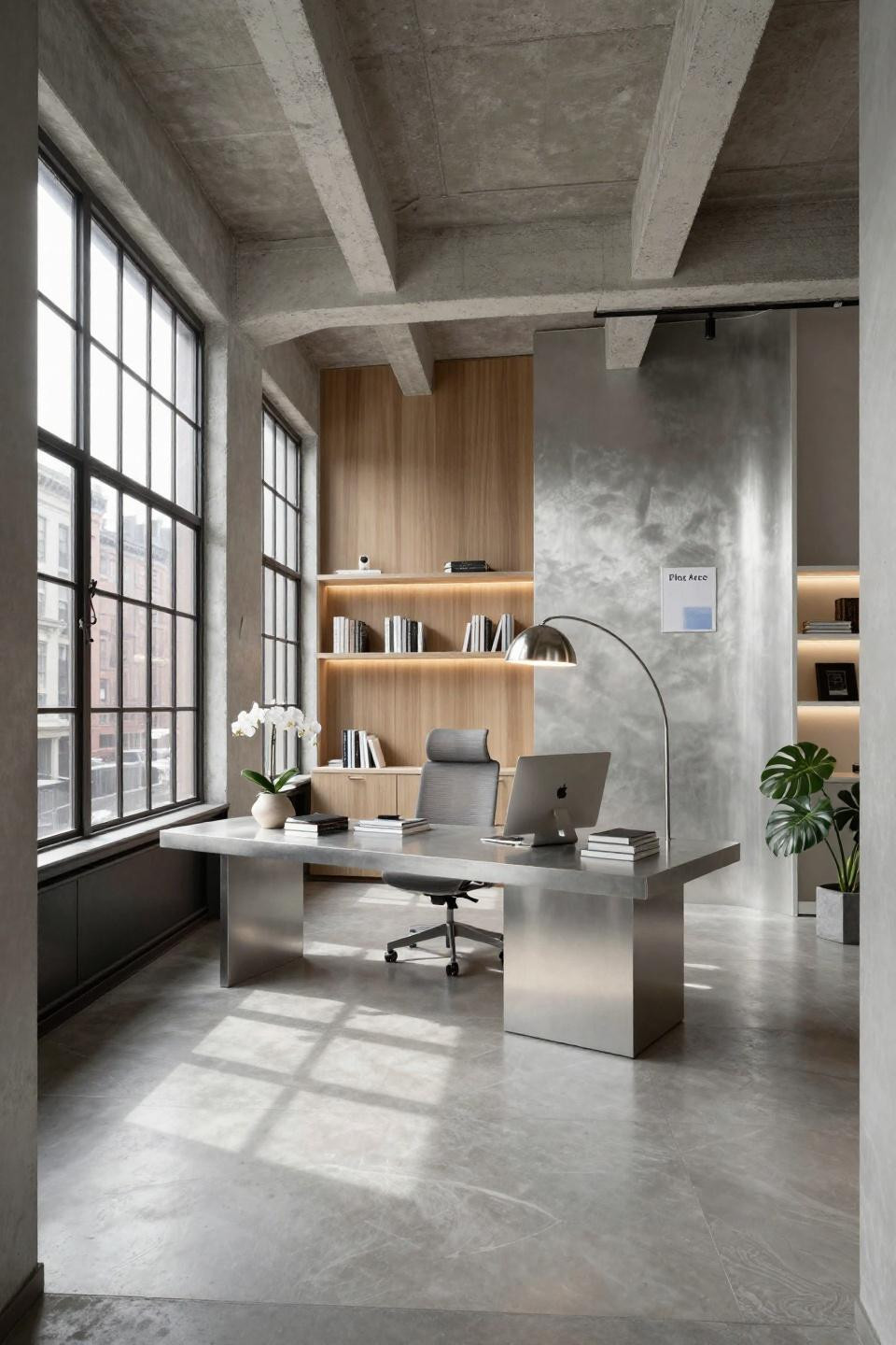 Home office aesthetic in SoHo loft with brushed platinum porcelain floating desk
