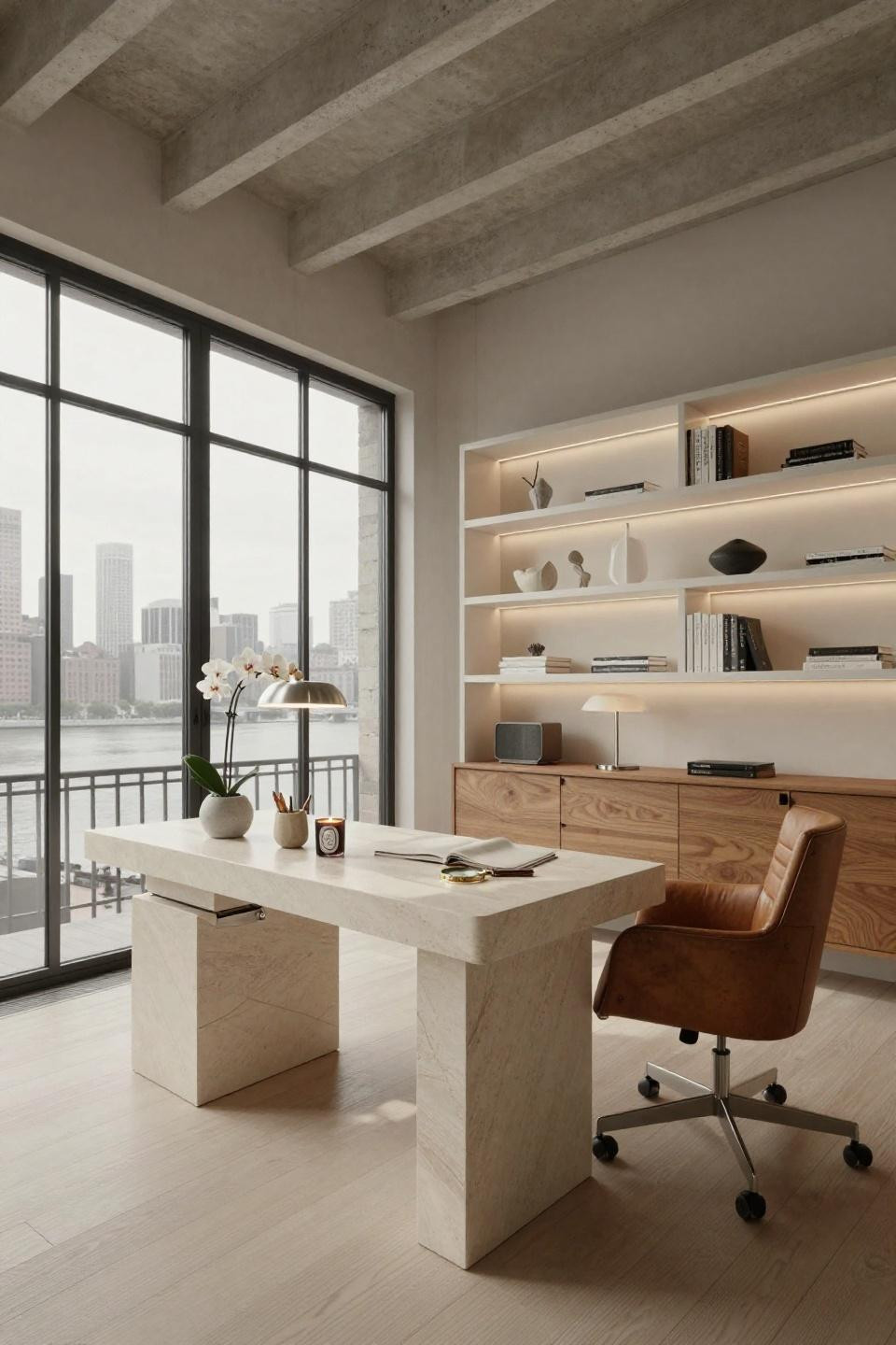 Home office aesthetic in NYC Tribeca loft with French limestone waterfall desk