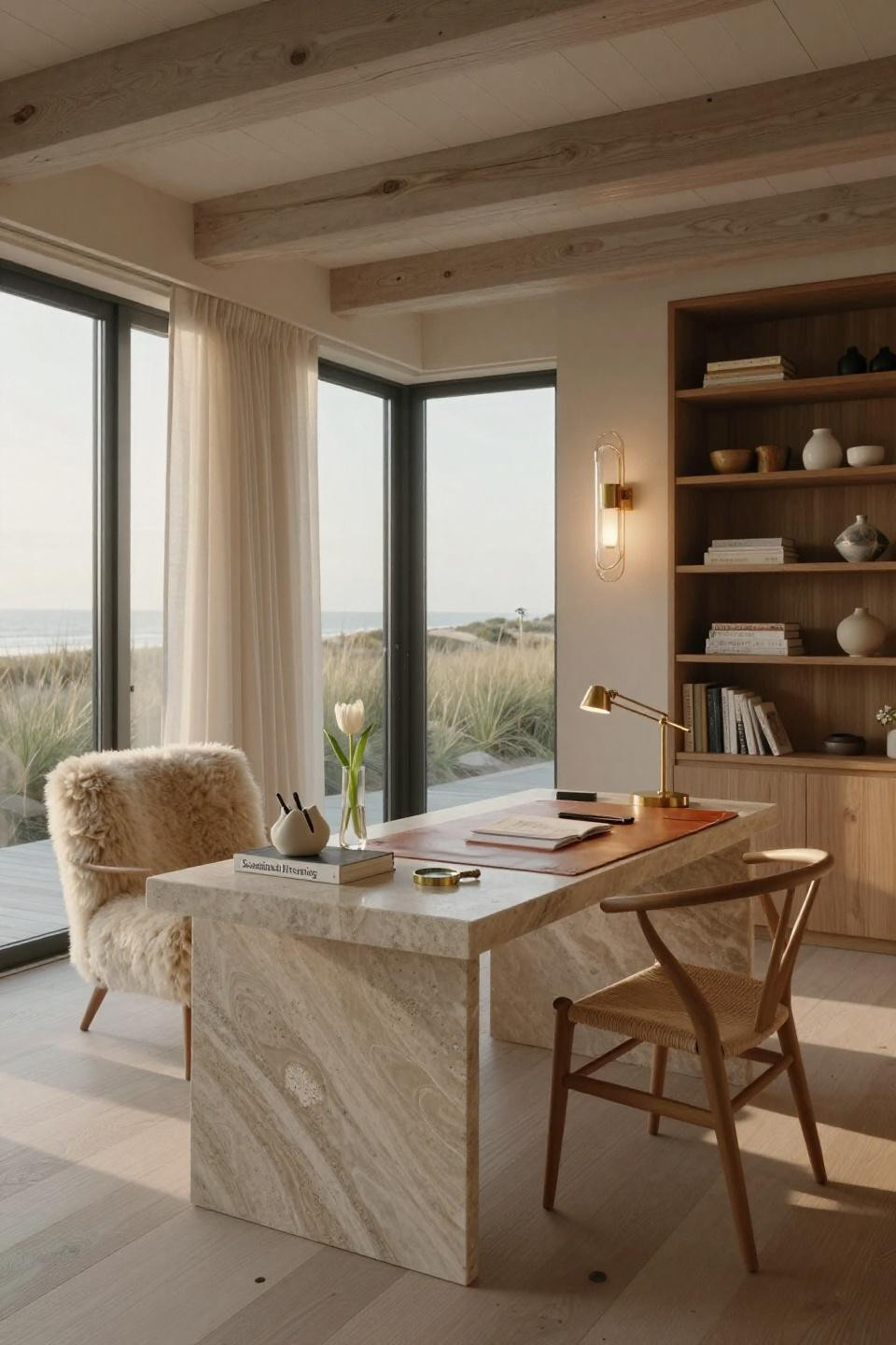 Work from home office setup in Hamptons beach house with honed limestone desk