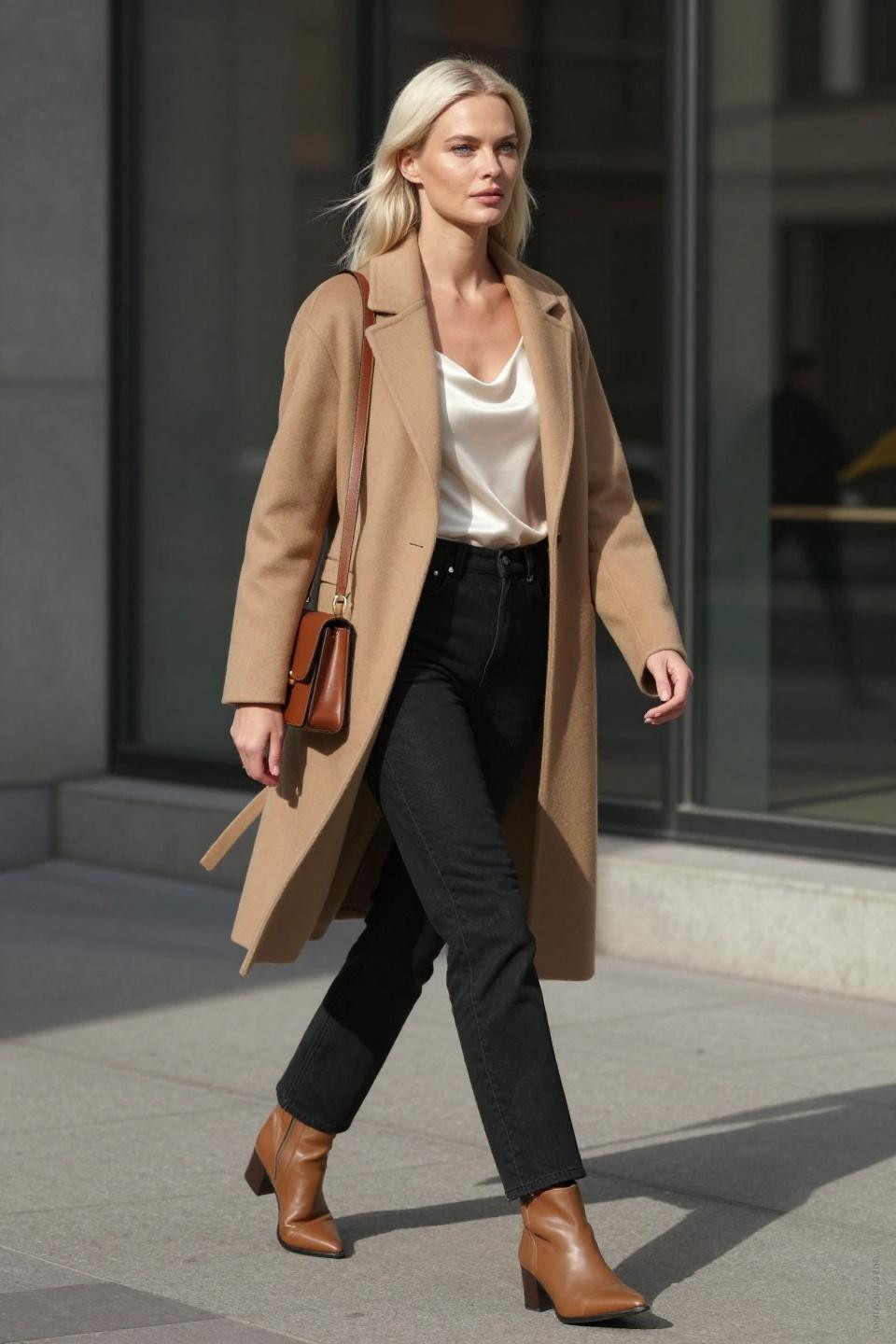 cute outfits with black jeans featuring camel coat and ivory camisole