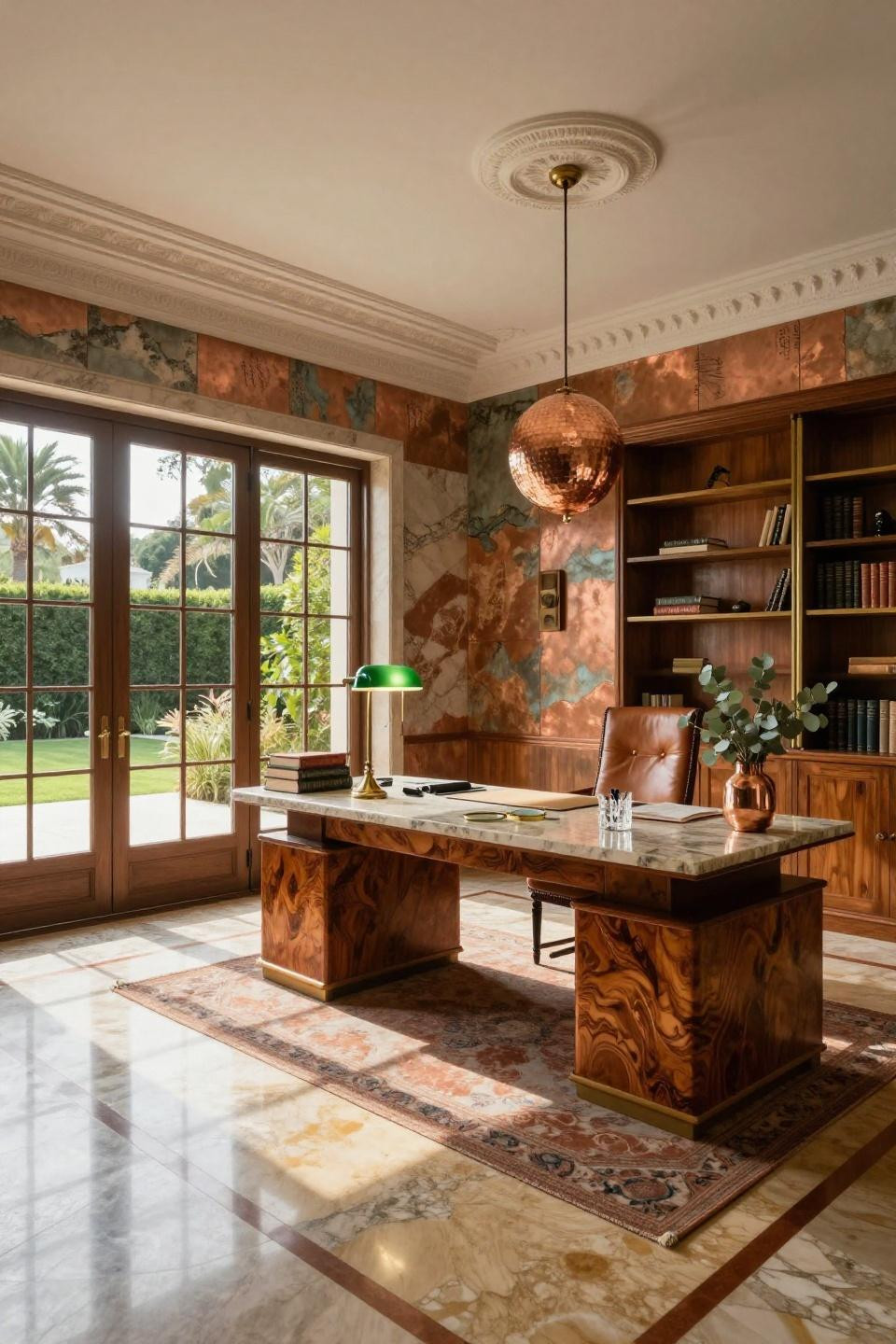 Work from home desk ideas featuring teak burl and aged copper in Beverly Hills estate