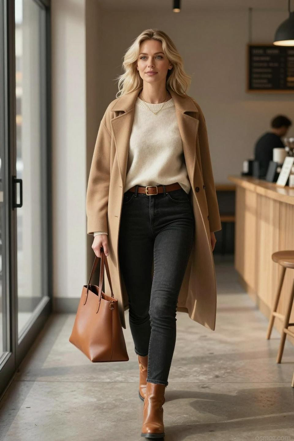 black jeans outfits for women featuring camel coat and cream sweater