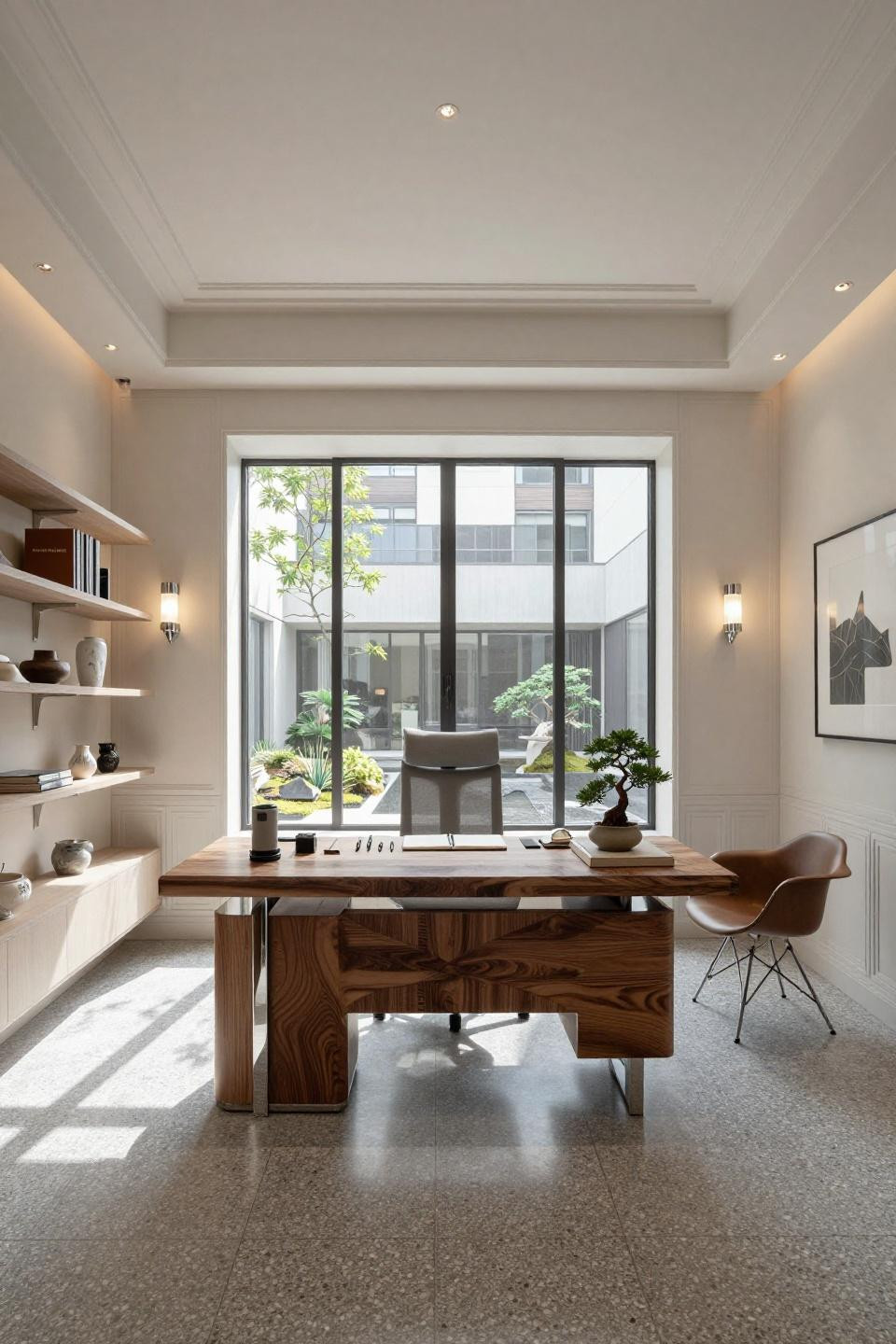 Work from home aesthetic in Tokyo townhouse with walnut burl and chrome accents