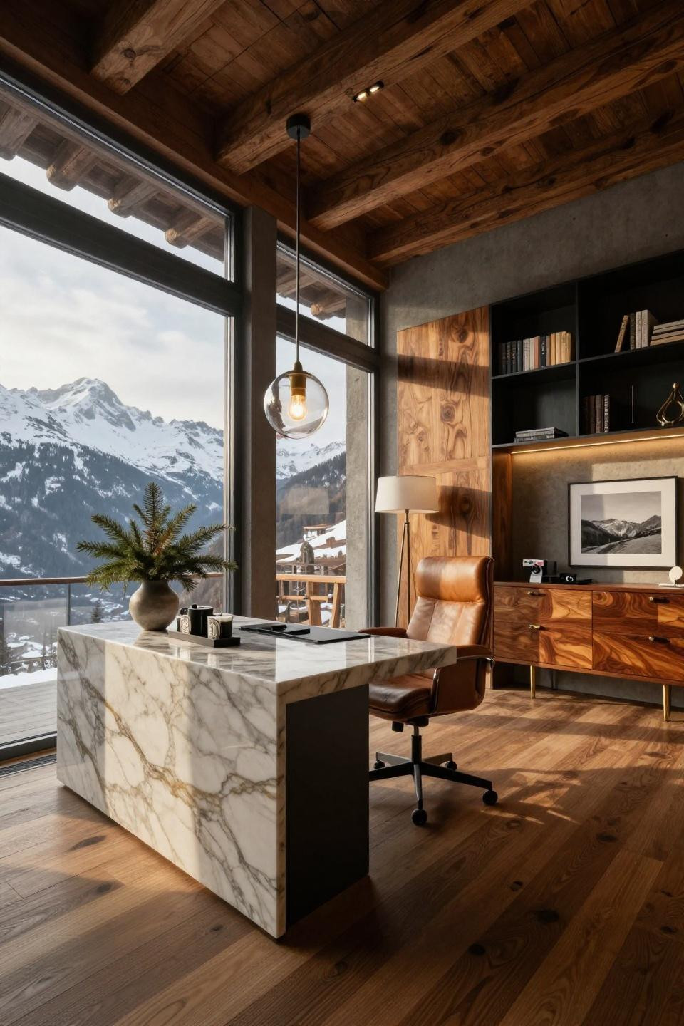 Work from home space in Swiss Alpine chalet with marble waterfall desk