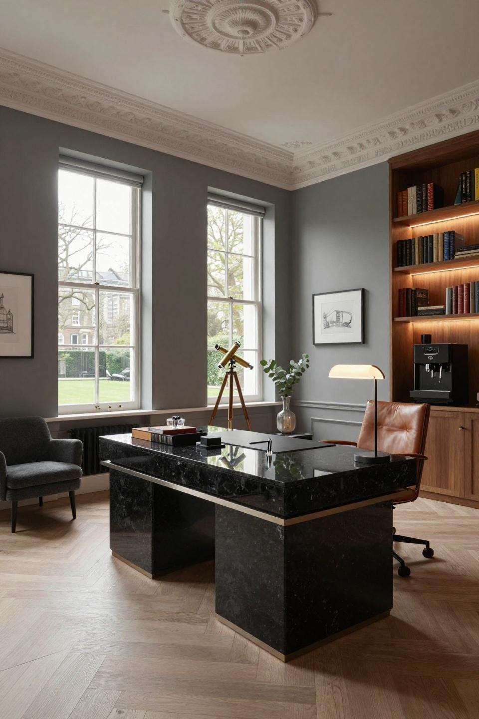 Work from home desk setup with honed black granite and brass details