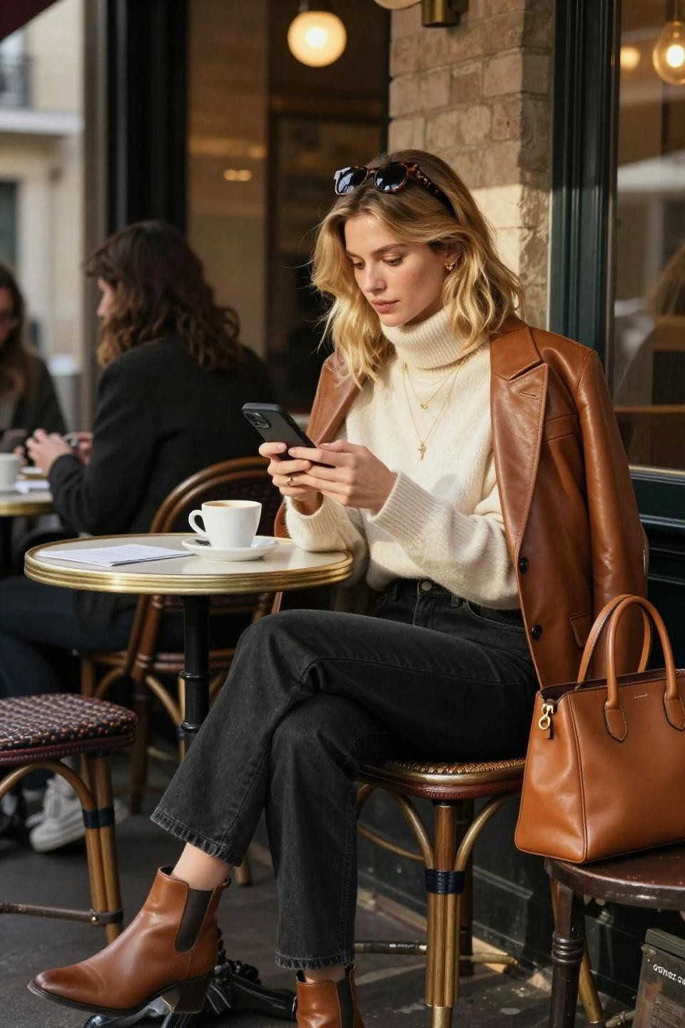 fits with black jeans featuring cognac blazer and cream cashmere