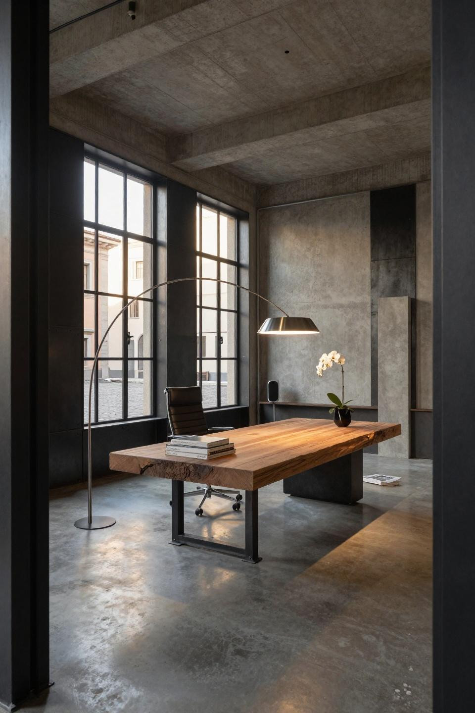 Home office set up in converted Milanese palazzo with industrial Douglas fir desk
