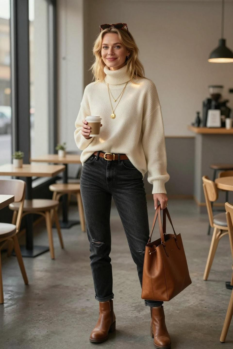 outfit inspo with black jeans showcasing cream ribbed sweater