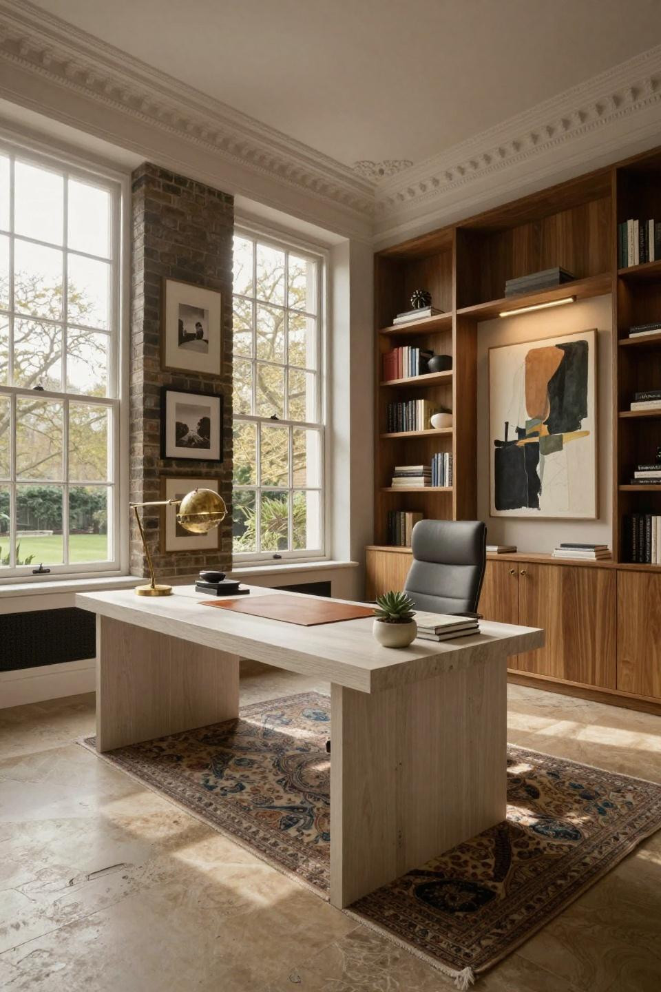 Wfh office ideas featuring floating white oak desk in Kensington townhouse