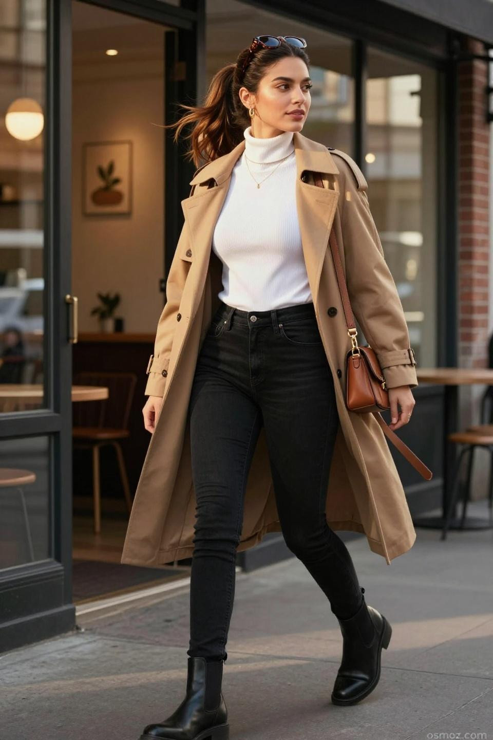 black jeans pants outfit featuring white turtleneck and camel trench