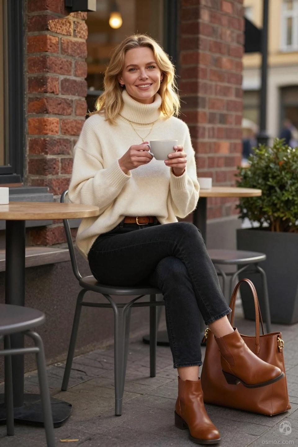 casual outfits with black jeans featuring cream turtleneck and cognac boots