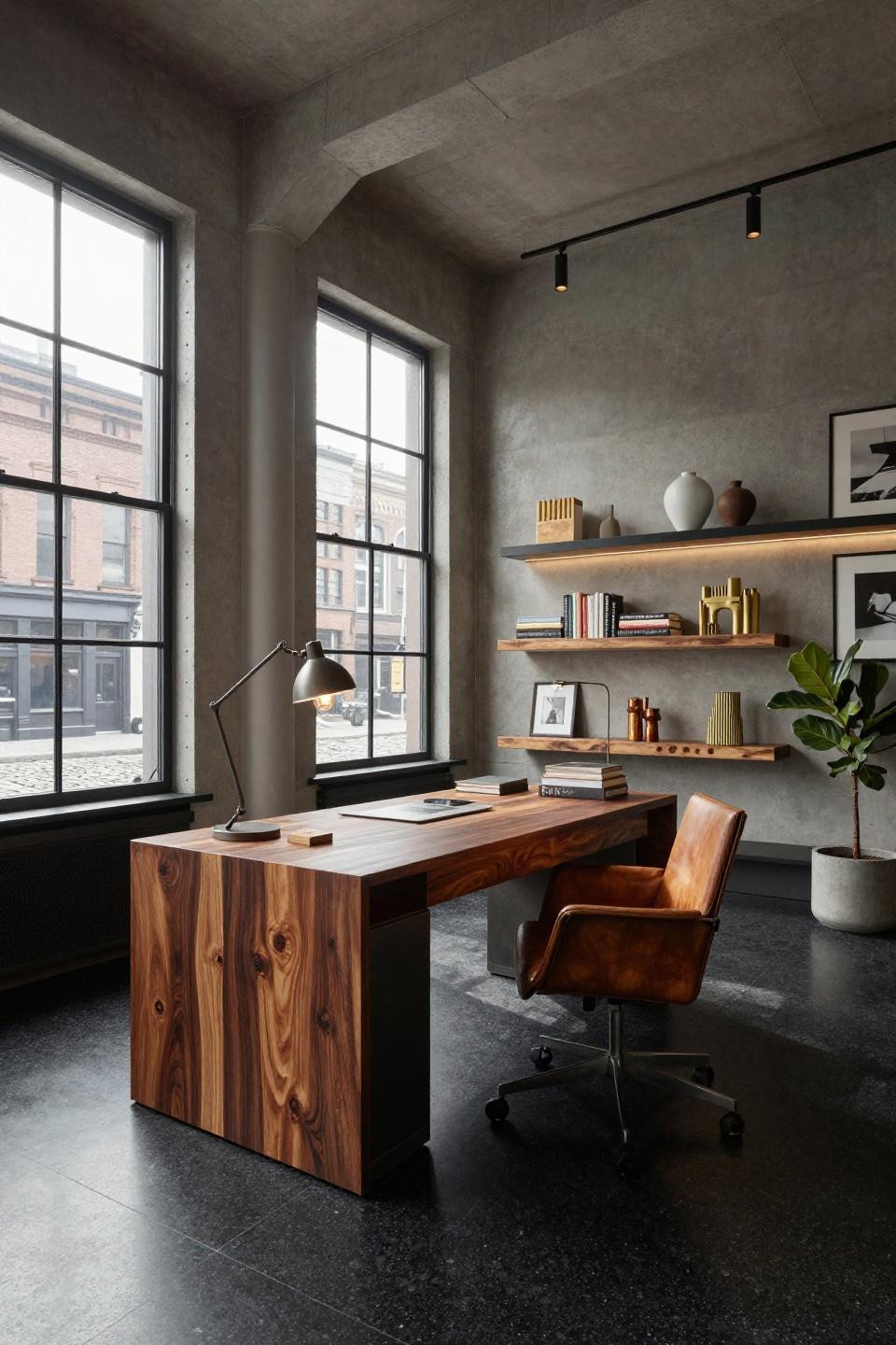 Cozy home office with walnut burl desk and industrial windows