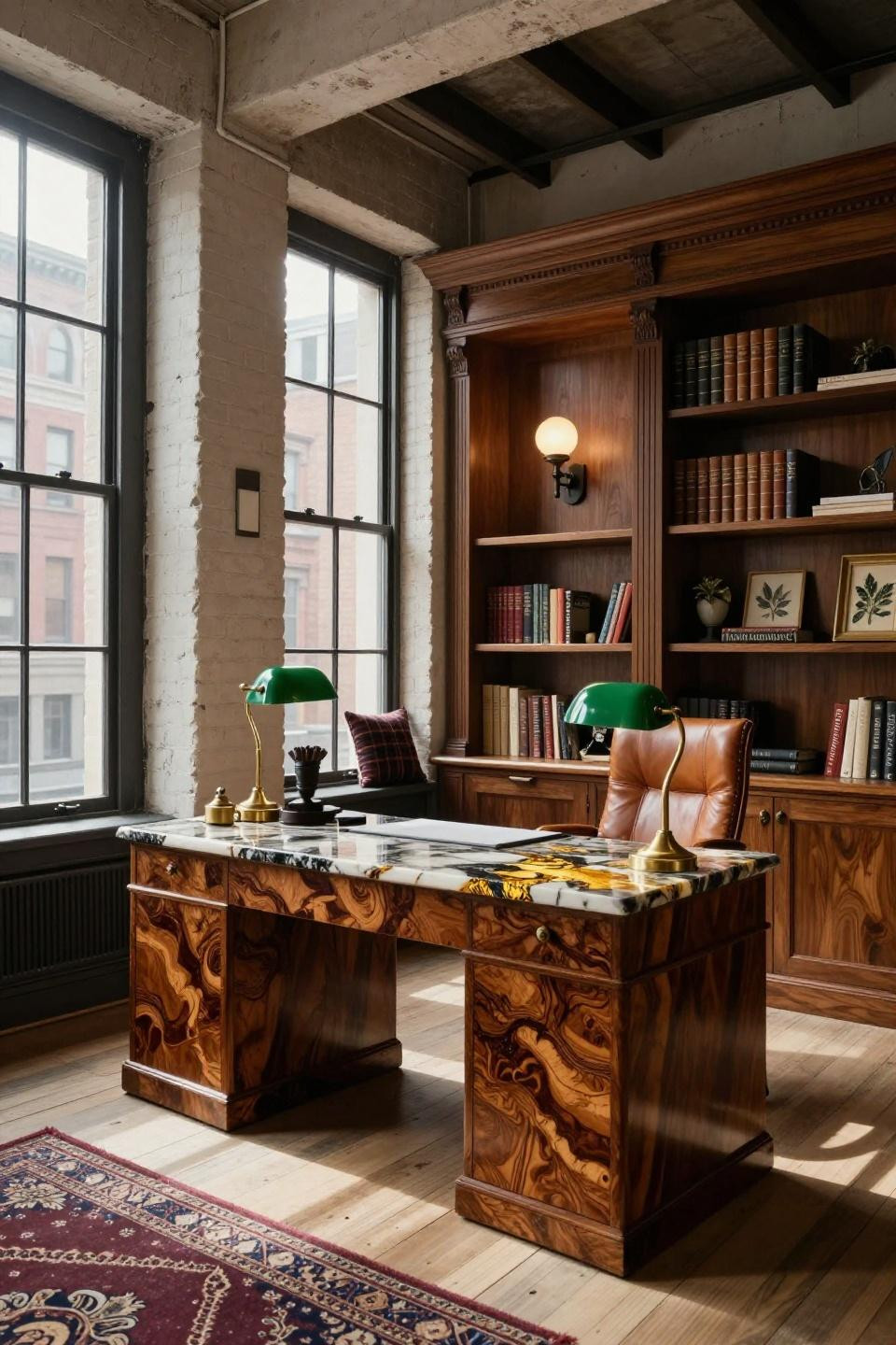 Work from home set up in Tribeca loft with onyx desk and brass accents