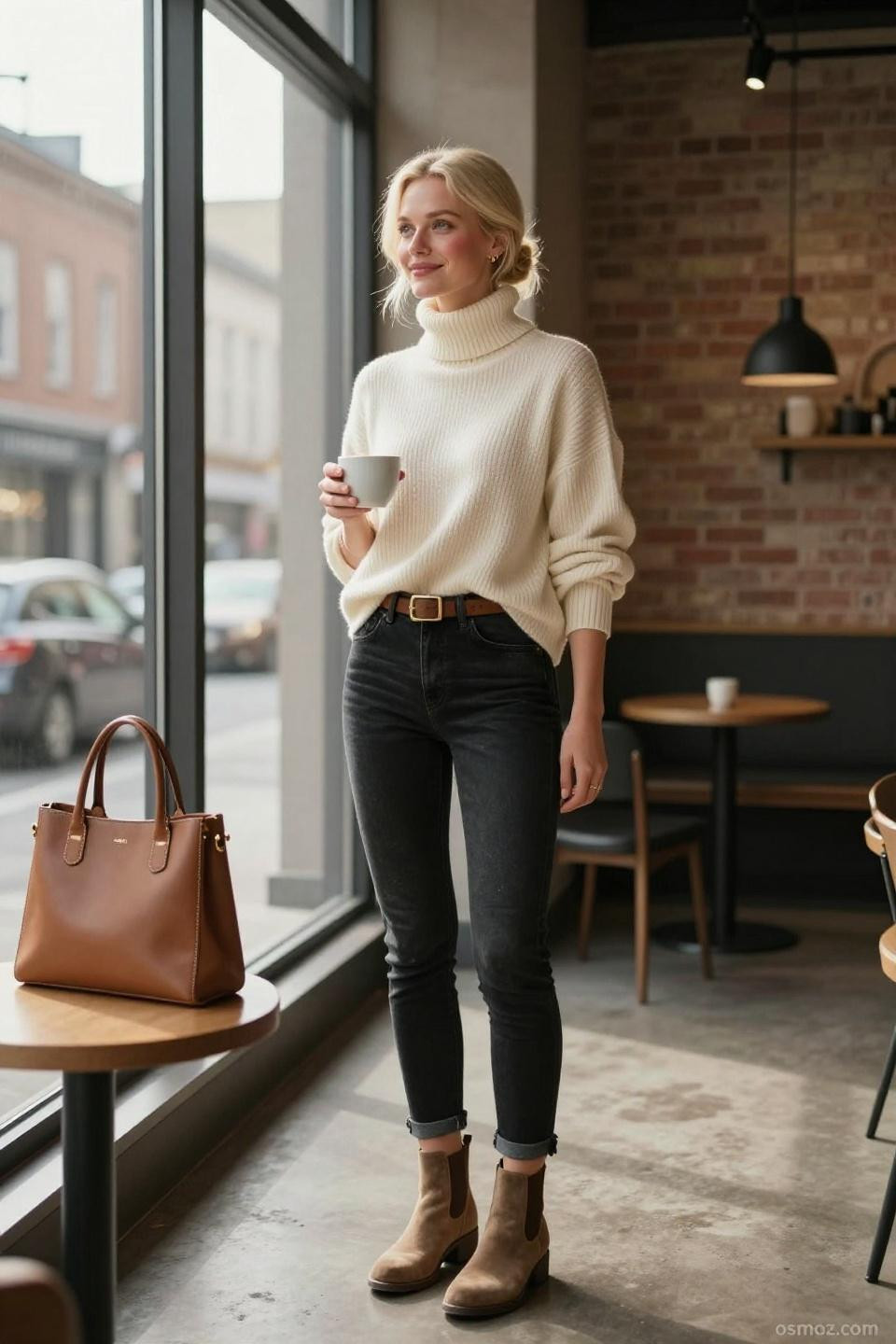 black jeans outfits for women showcasing cream ribbed turtleneck