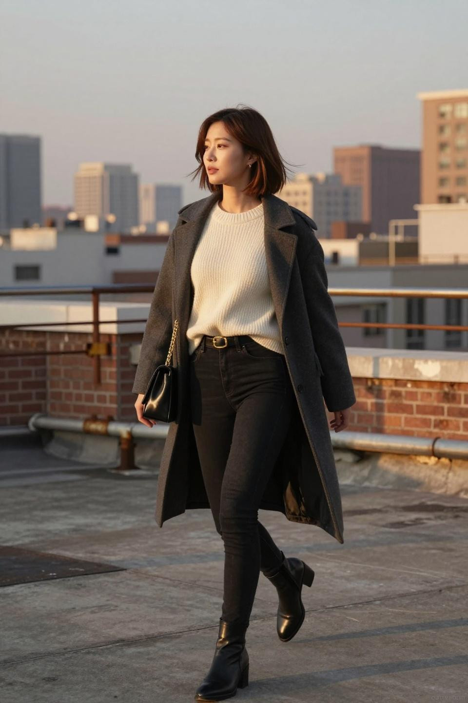 how to style black jeans casual with cream ribbed sweater and charcoal coat