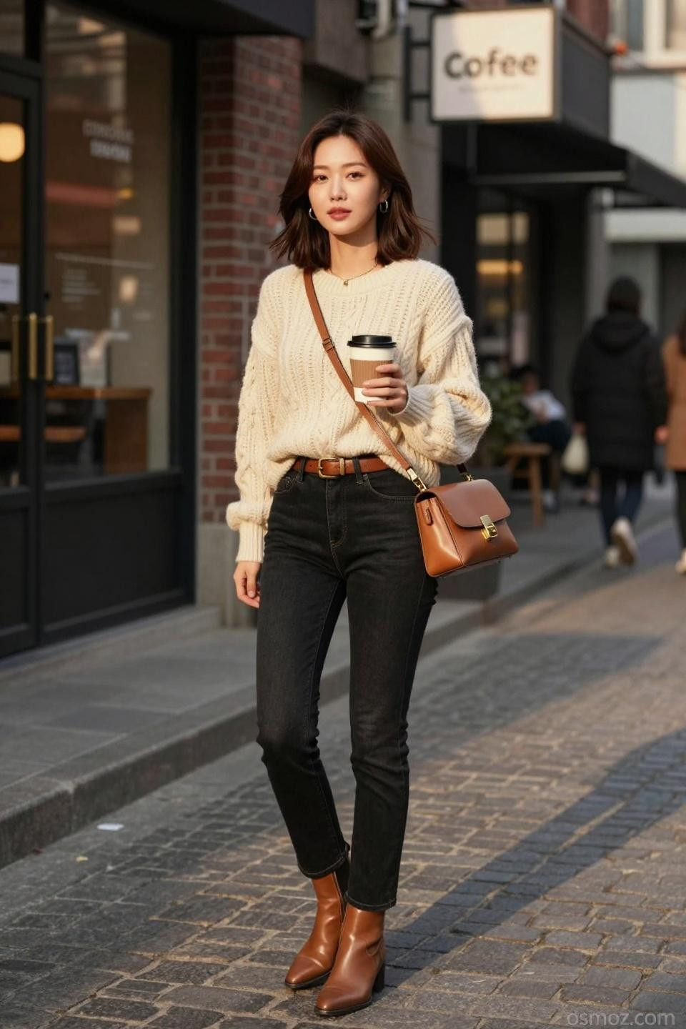 fits with black jeans featuring oversized cream cable-knit sweater