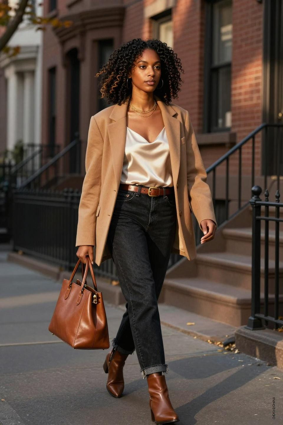 outfit inspo with black jeans showcasing ivory silk camisole and camel blazer