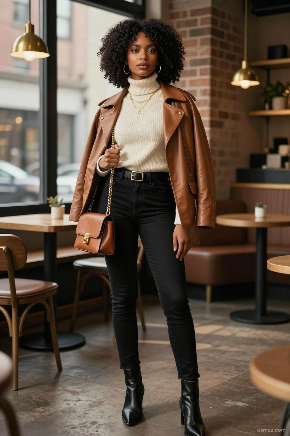 black jeans pants outfit featuring cream turtleneck and butter-soft camel jacket