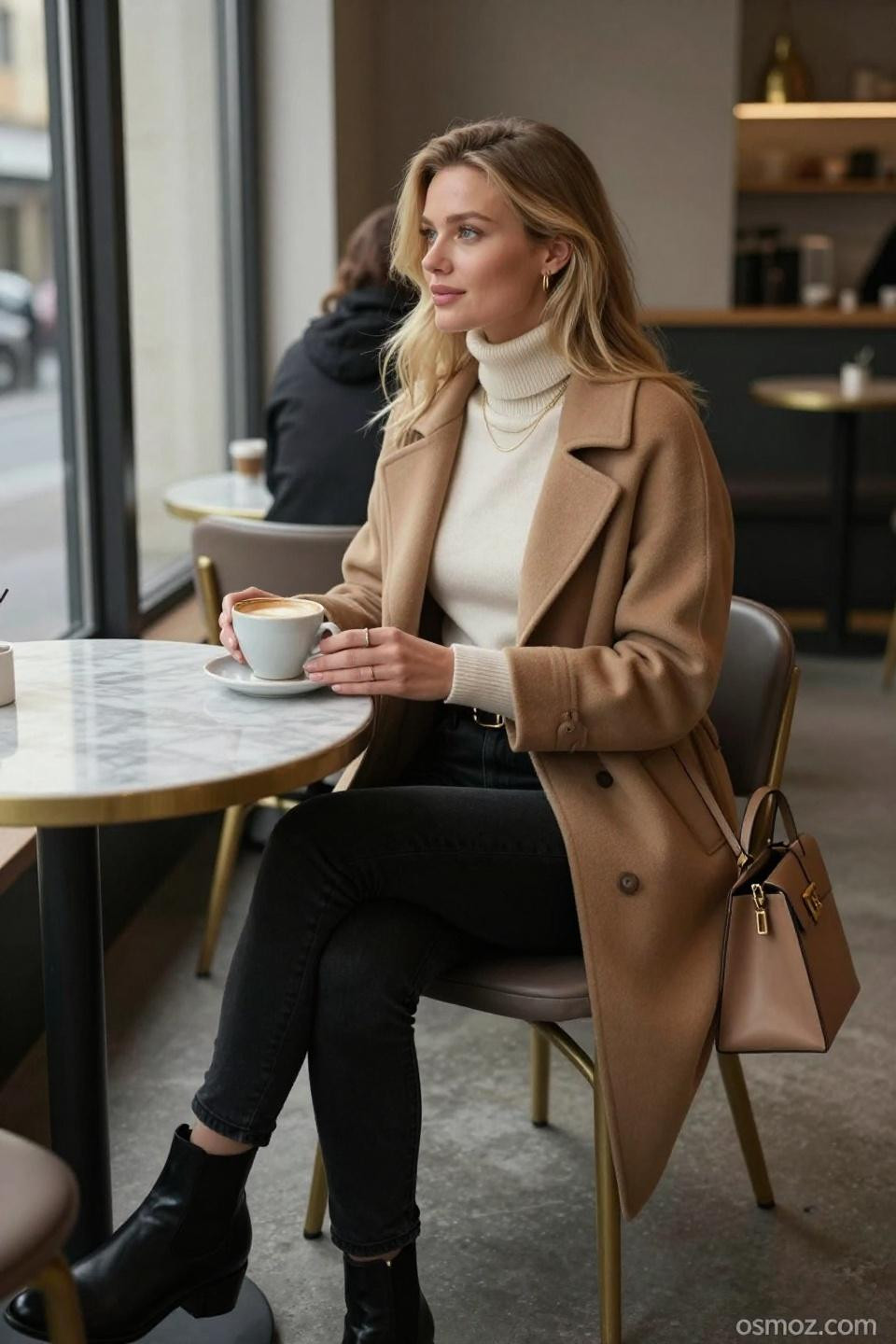 casual outfits with black jeans showcasing cream turtleneck and camel coat