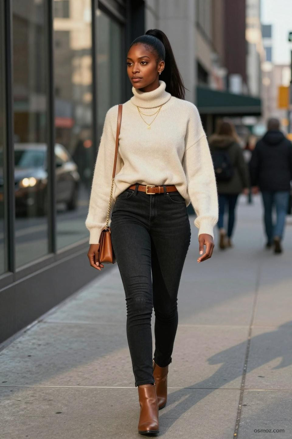 outfits to wear with black jeans featuring cream turtleneck and cognac accessories