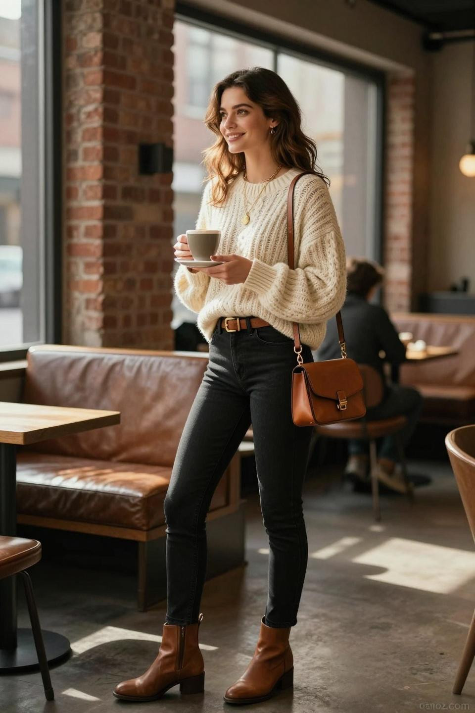 cute outfits with black jeans showcasing oversized cream cable-knit sweater