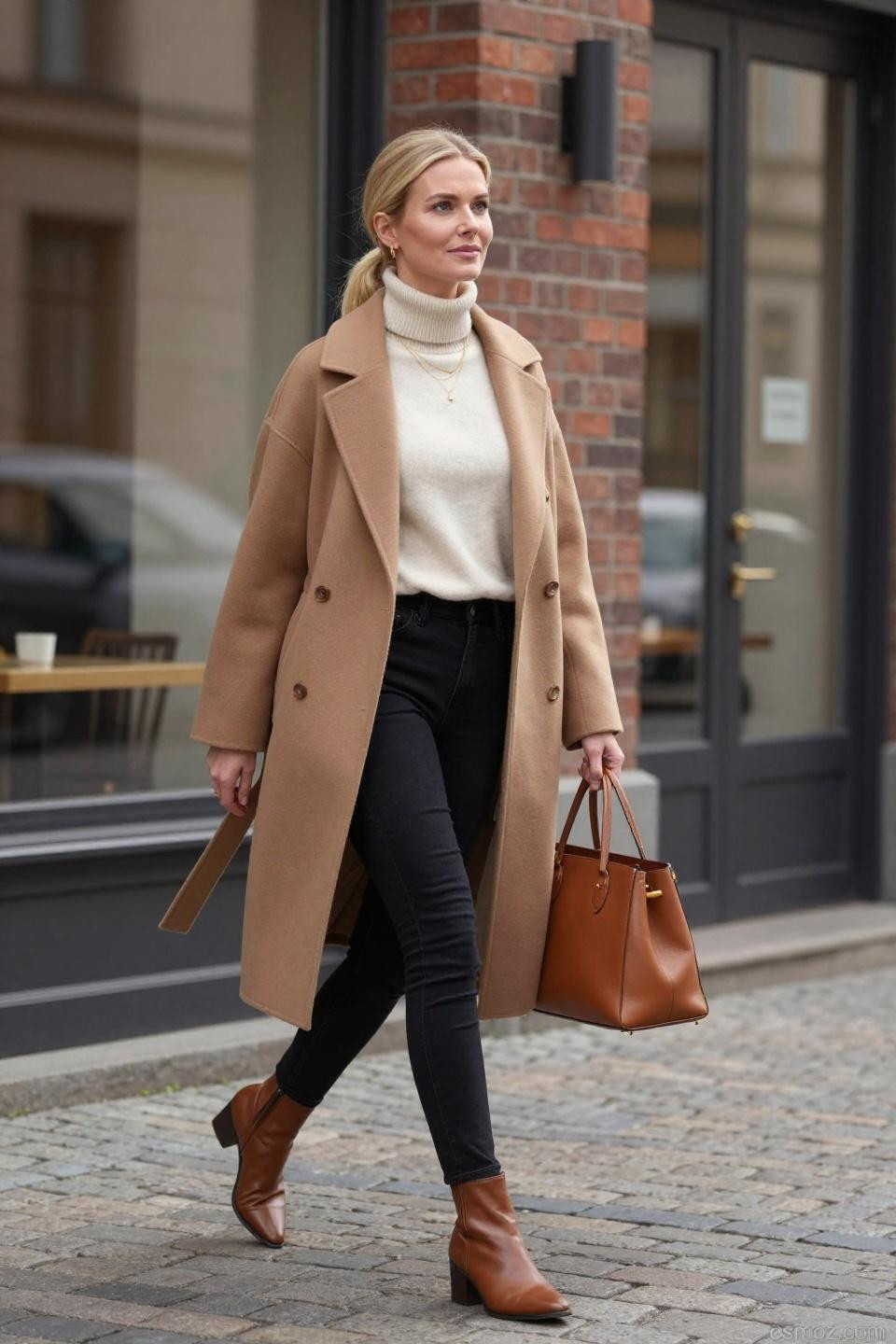 black jeans outfits for women featuring cream turtleneck and camel coat