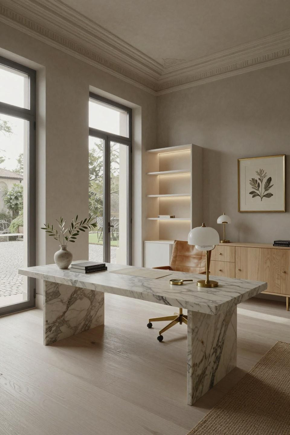 Small work from home space with Calacatta Gold marble waterfall desk and Palladian windows