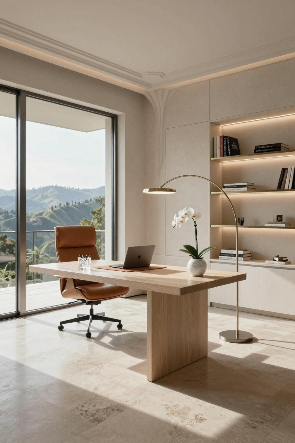Wfh set up with cerused white oak floating desk and steel-framed windows