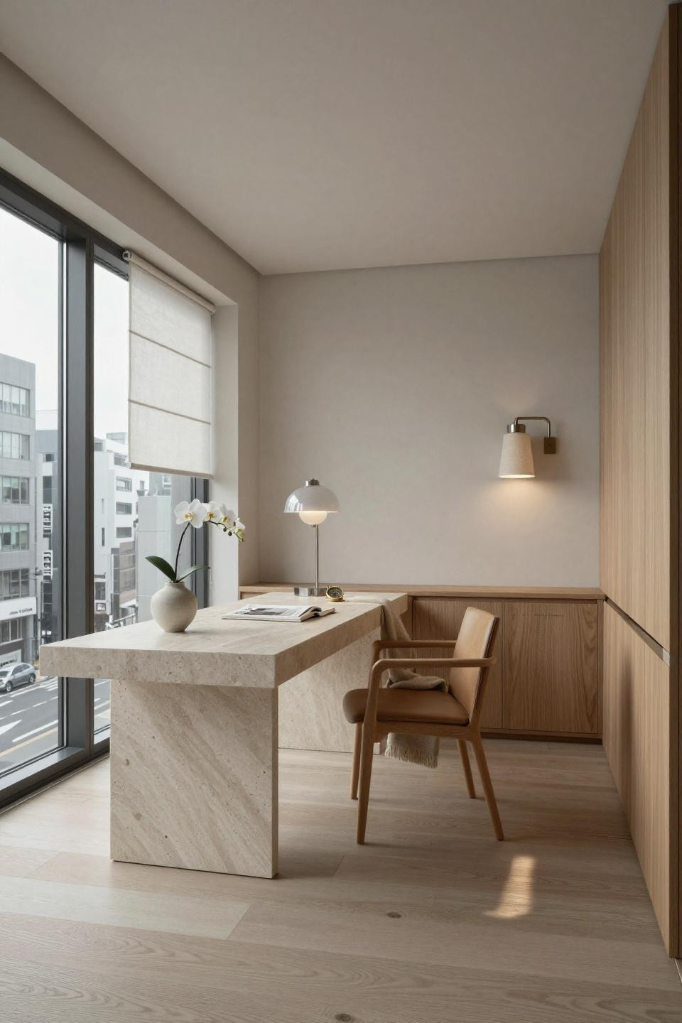 Minimalist office space with limestone floating desk and translucent shoji panels