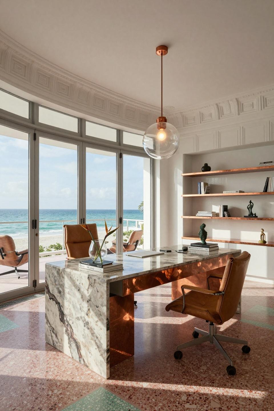 Minimalist workspace with book-matched quartzite desk and Art Deco terrazzo floors