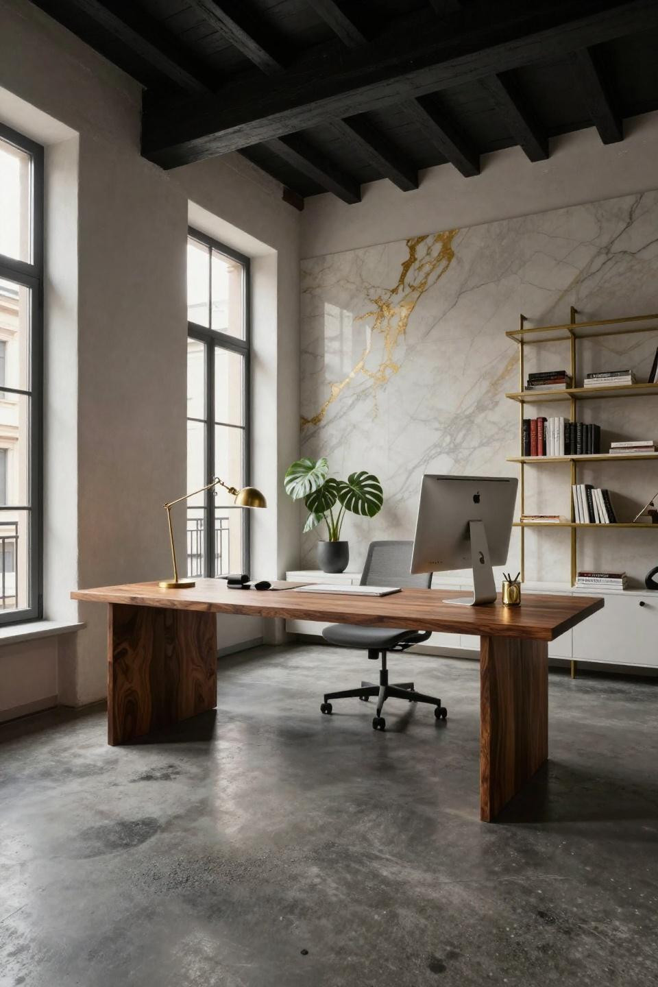 Minimalist desk decor with walnut burl floating desk and Calacatta marble wall