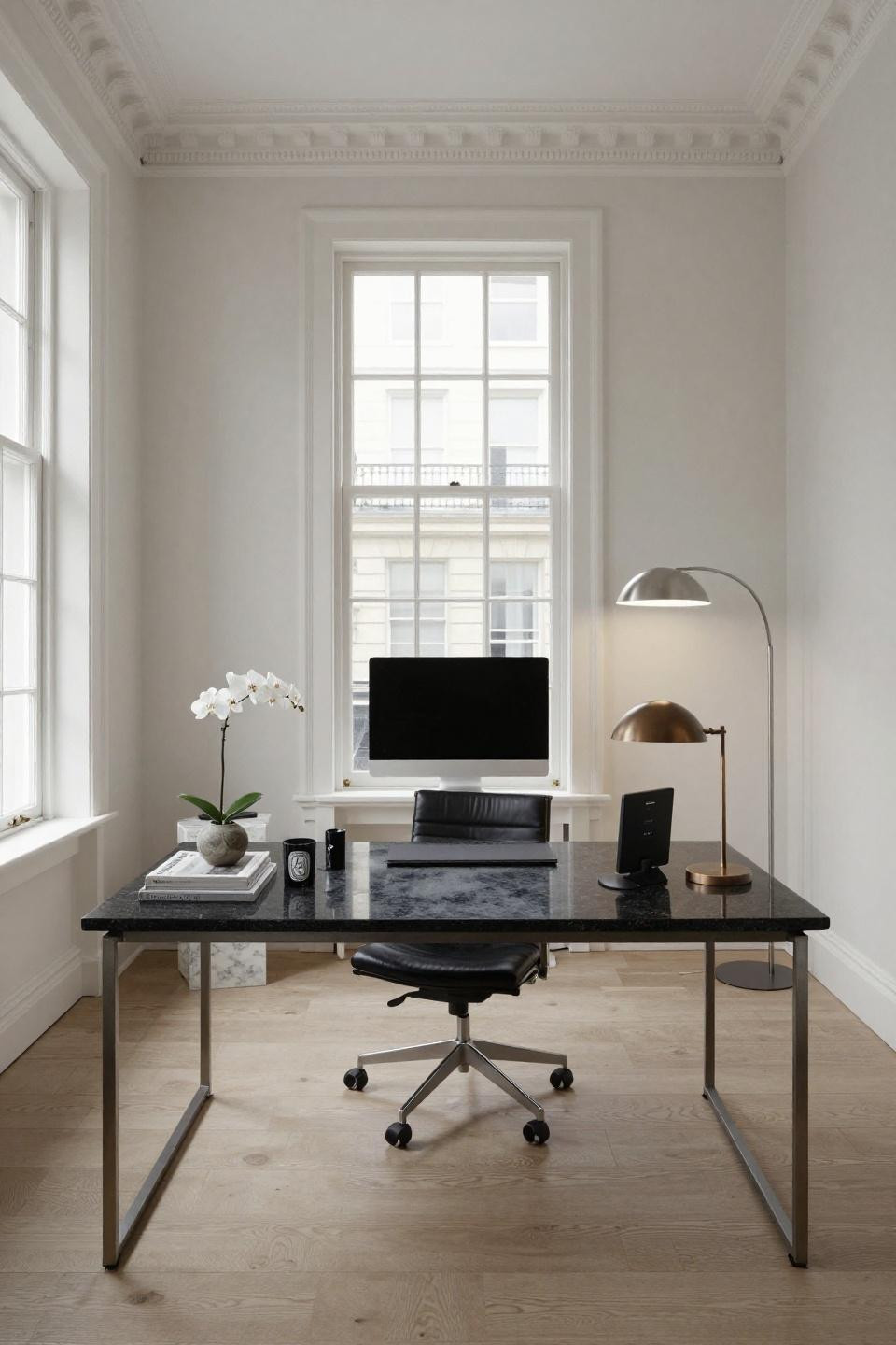 Minimalist work desk with honed Absolute Black granite and oil-rubbed iron frame