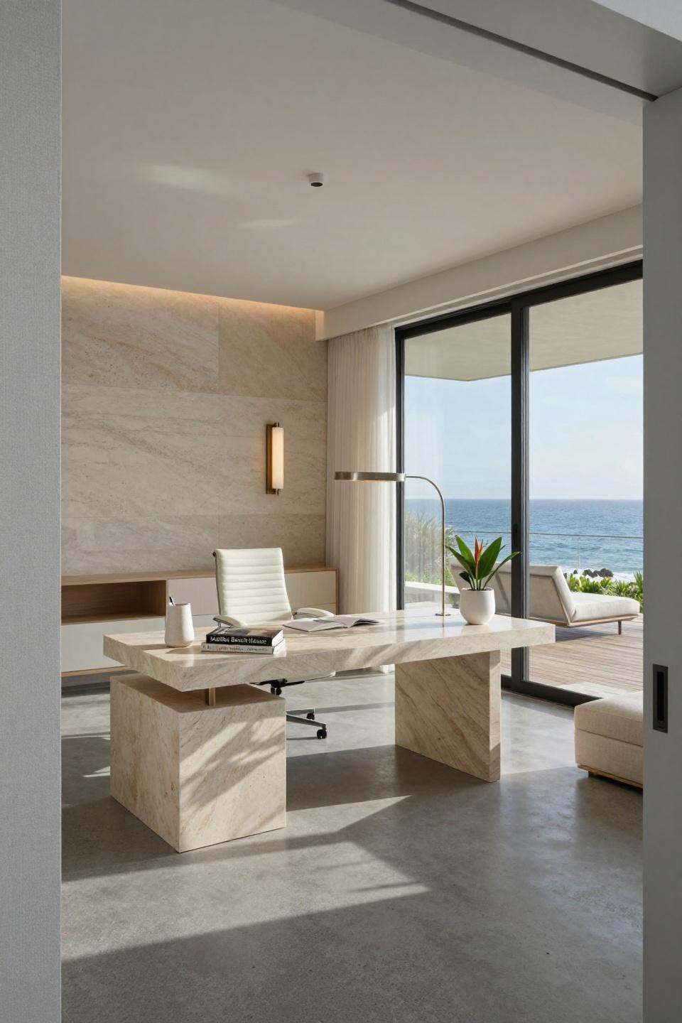 Work from home office aesthetic with floor-to-ceiling glass and limestone desk
