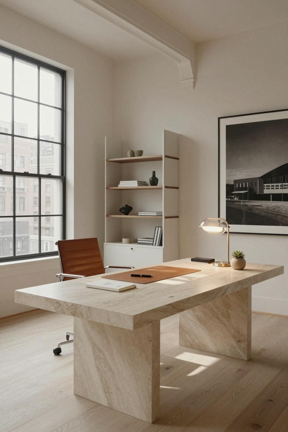 Minimalist home office ideas featuring book-matched limestone desk in NYC loft
