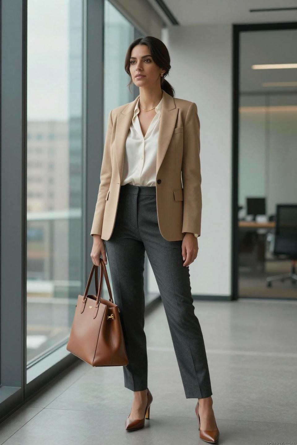stylish work outfits featuring camel beige blazer and ivory silk blouse