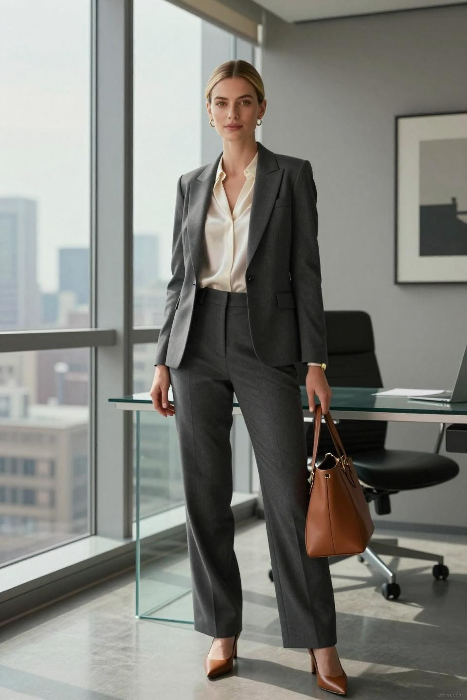 cute professional outfits featuring charcoal gray blazer and ivory silk blouse