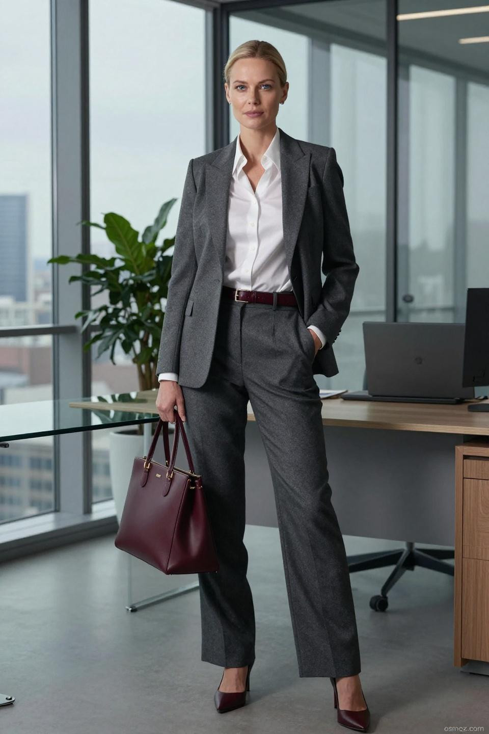 formal outfits for women showcasing charcoal gray blazer and white silk shirt
