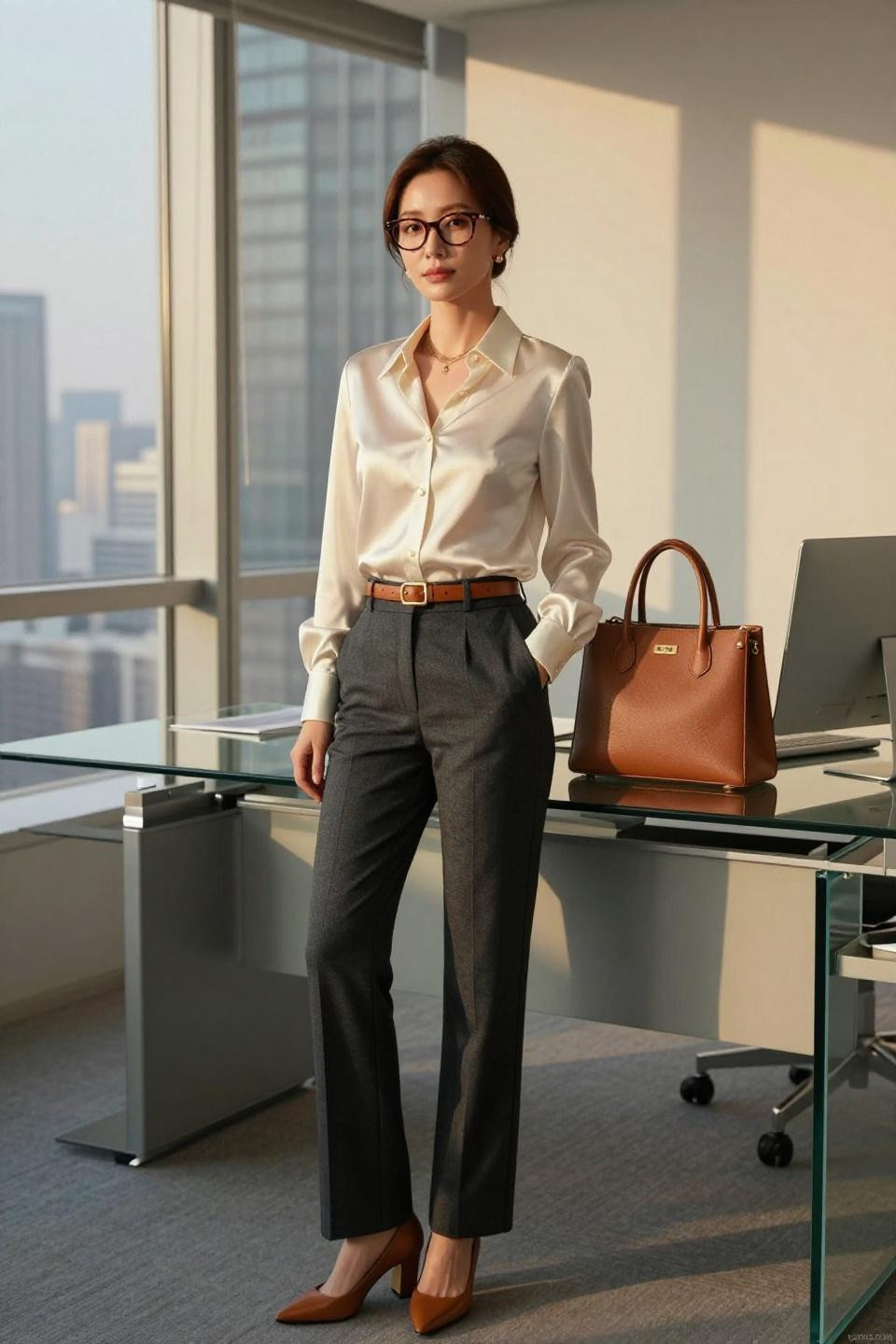 office look featuring luxe cream silk blouse and charcoal flannel trousers