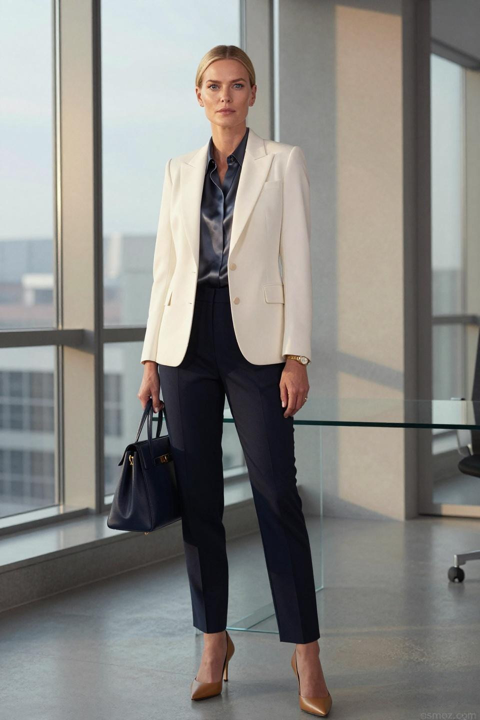old money outfits featuring structured ivory blazer and charcoal silk blouse