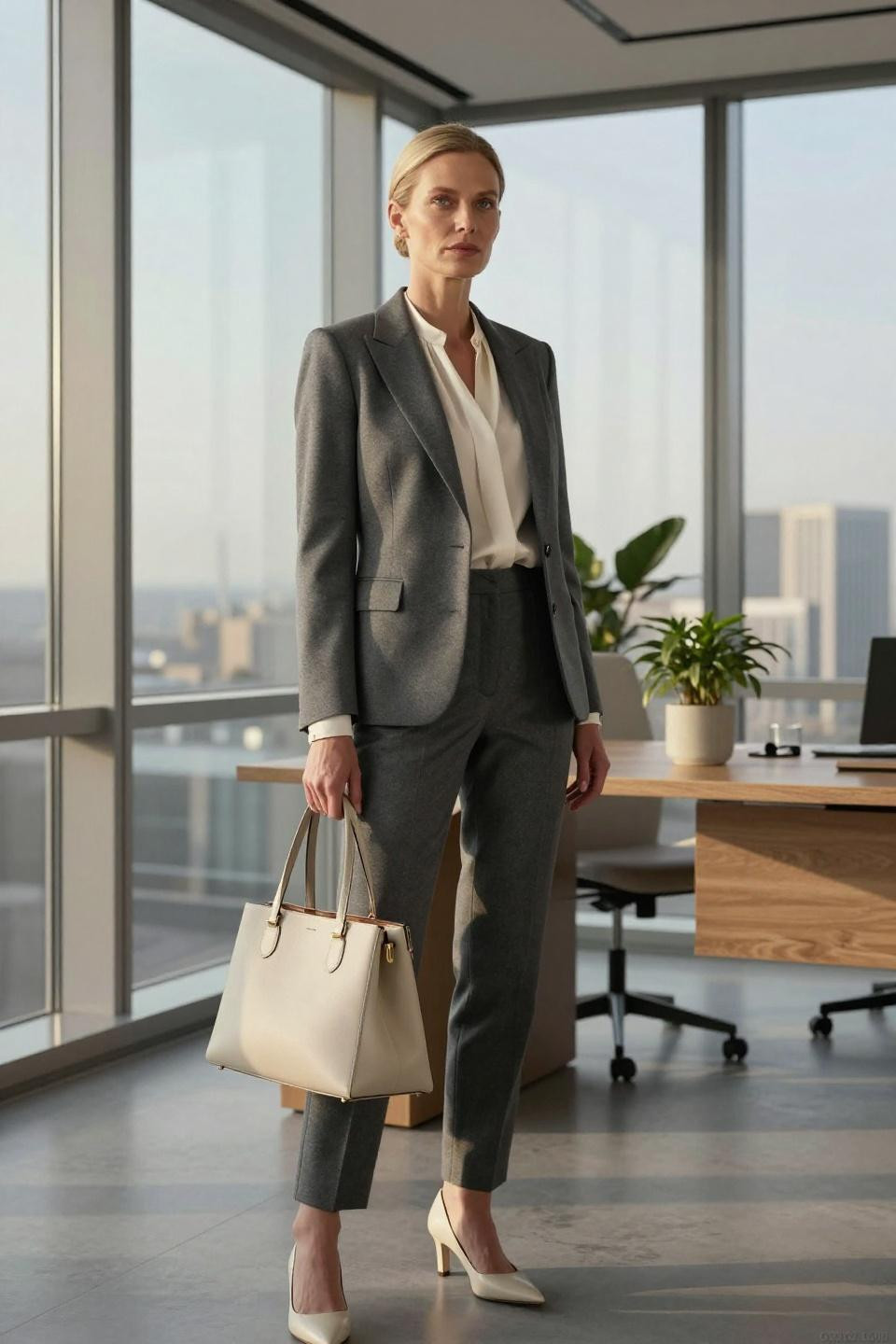 work style outfit featuring charcoal grey wool trousers and ivory silk crepe blouse