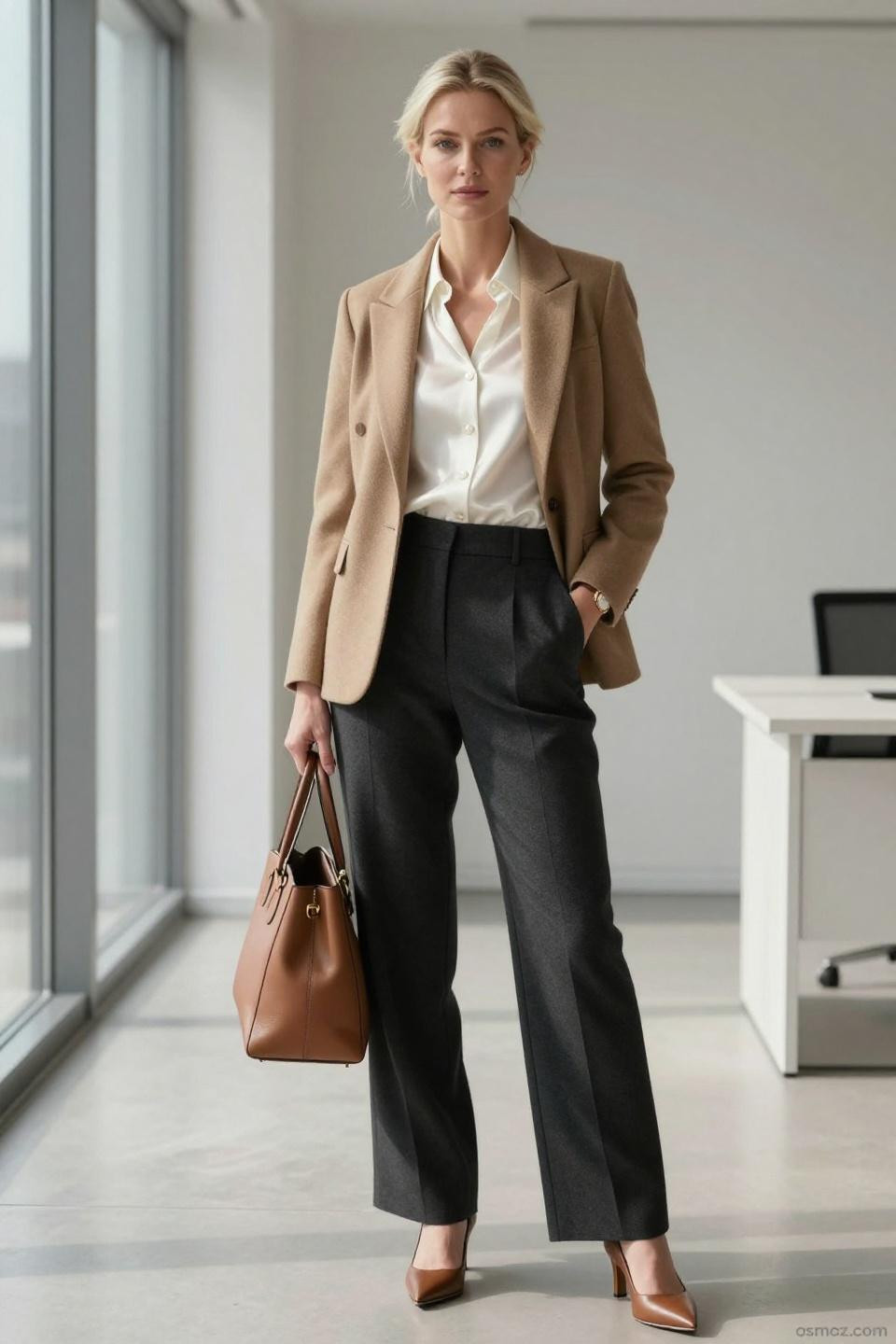 smart casual work outfit women featuring high-waisted charcoal trousers and ivory silk blouse