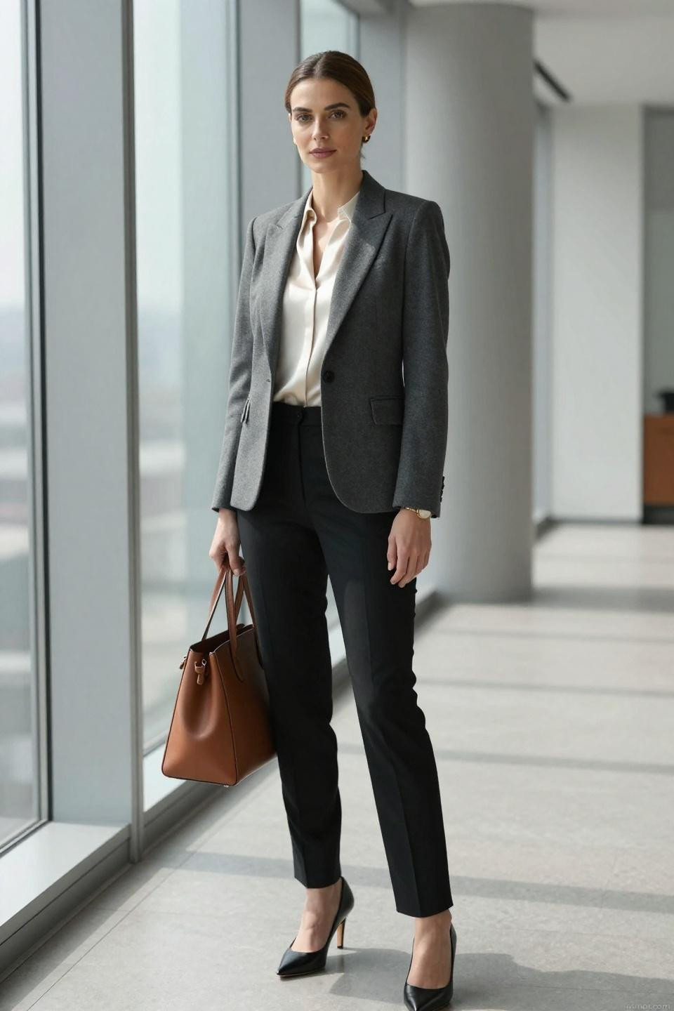 classy work outfits featuring charcoal gray blazer and ivory silk shell
