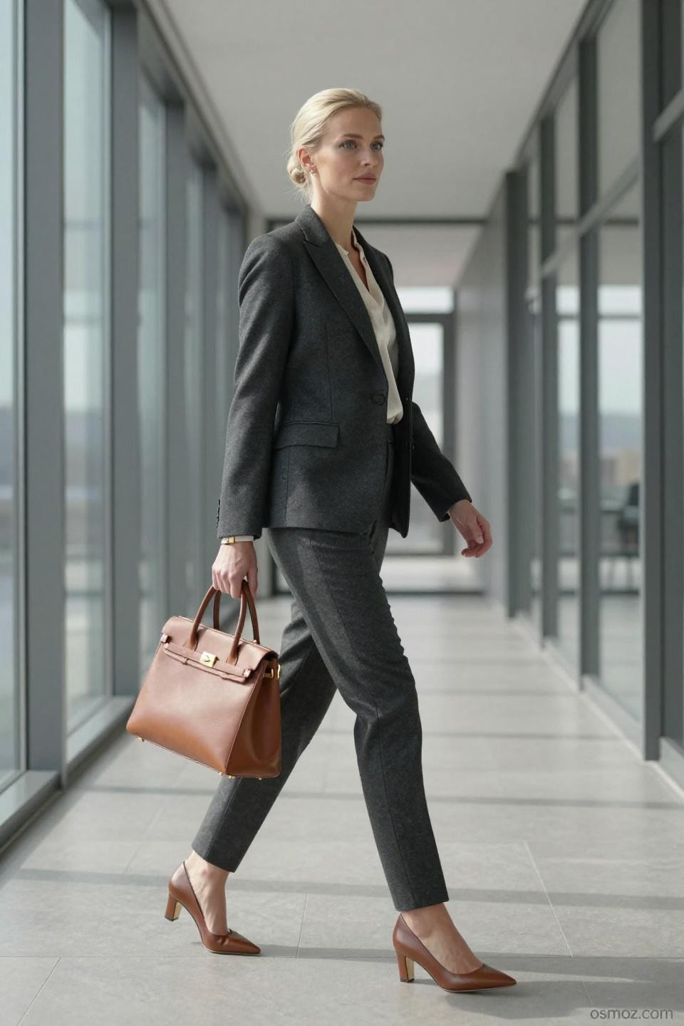cute professional outfits showcasing charcoal wool blazer and ivory silk blouse