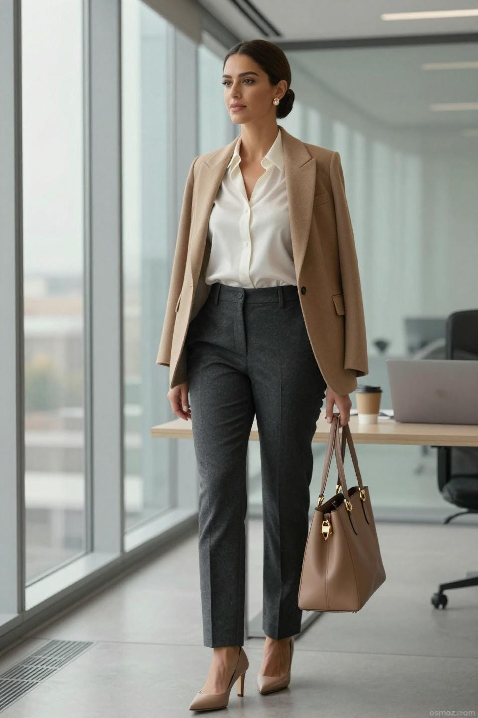 formal outfits for women featuring ivory silk blouse and charcoal wool trousers