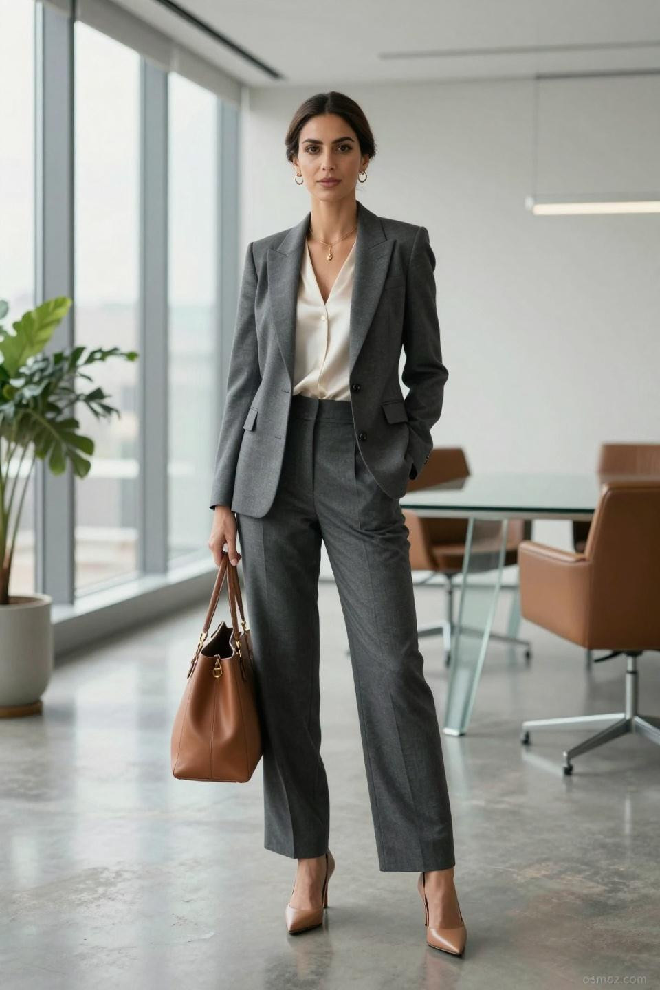 office look featuring charcoal gray blazer and flowing ivory silk shell